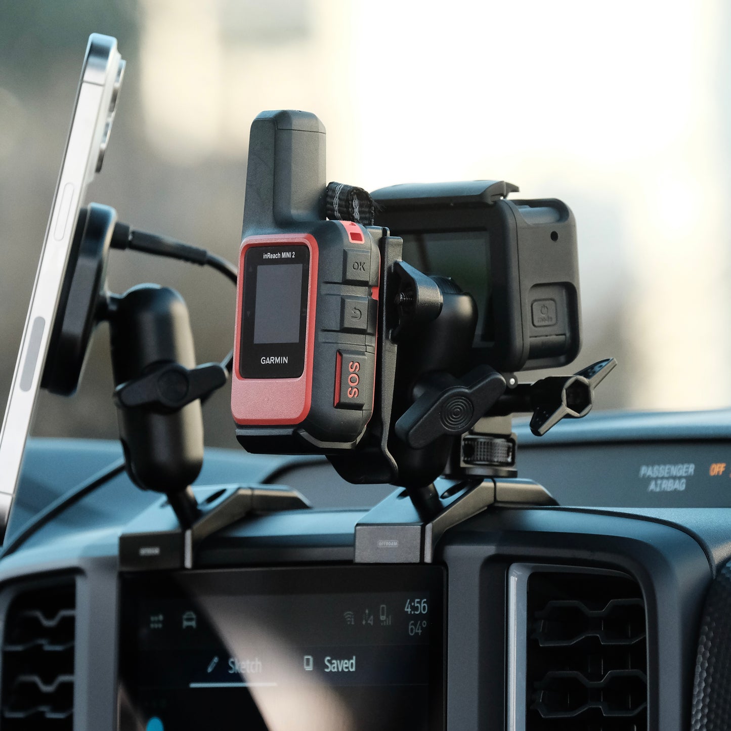 Image of Offroam Mounting Bases, Offroam MagSafe-compatible Phone Mount and accessories installed securely in Ford Ranger | Everest 2022-2025. This premium all metal phone mounting base installs easily without drilling or glue. Perfect placement without blocking screens, driver view, or air flow.