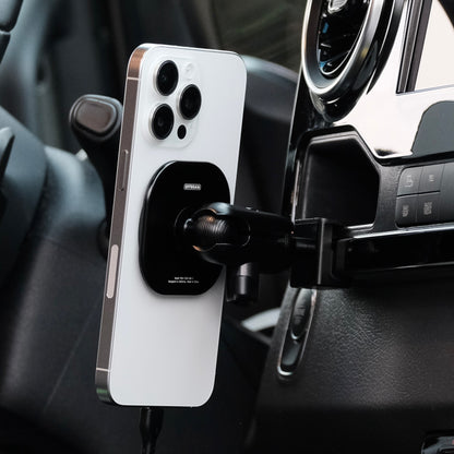 Image of Offroam MagSafe-compatible Phone Mount installed securely in Mercedes-Benz Sprinter 2019-2026. This premium phone mount installs easily without drilling or glue. High force magnets hold phone on any trail, road, or track. Perfect placement without blocking screens, driver view, or air flow. Fully adjustable positioning.