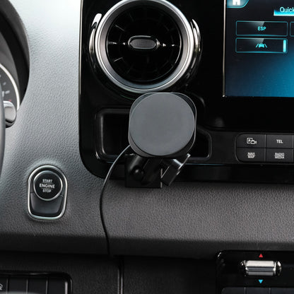 Image of Offroam MagSafe-compatible Phone Mount installed securely in Mercedes-Benz Sprinter 2019-2026. This premium phone mount installs easily without drilling or glue. High force magnets hold phone on any trail, road, or track. Perfect placement without blocking screens, driver view, or air flow. Fully adjustable positioning.