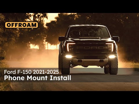 Video of Offroam Phone Mount installation for Ford F-150 2021-2025. This premium phone mount installs easily without drilling or glue. Spring loaded Universal holder for use with any phone. Perfect placement without blocking screens, driver view, or air flow. Fully adjustable positioning.