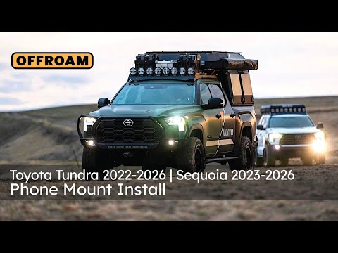 Video of Offroam Universal and MagSafe-compatible Phone Mount installation for Toyota Tundra 2022-2026 | Sequoia 2023-2026. This premium phone mount installs easily without drilling or glue. Spring loaded Universal holder or MagSafe-compatible holder with high force magnets hold phone on any trail, road, or track. Perfect placement without blocking screens, driver view, or air flow. Fully adjustable positioning.