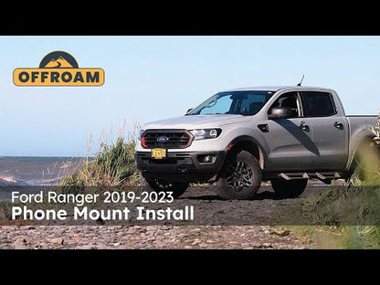 Video of Offroam Phone Mount installation for Ford Ranger 2019-2023. This premium phone mount installs easily without drilling or glue. Spring loaded Universal holder for use with any phone. Perfect placement without blocking screens, driver view, or air flow. Fully adjustable positioning.